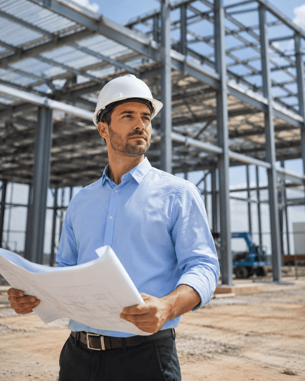 Engenheiro em obra com estruturas metálicas ao fundo